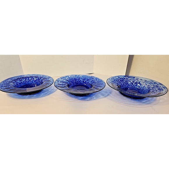 3 Cobalt Blue Spatterware Art Glass Bowls Dish/Candleholders Hand Blown - Picture 1 of 11